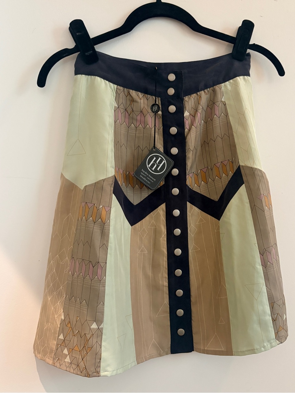 NWT Hayden Harnett Brooklyn sz XS Silk Green & Tan Button-Front A-Line Skirt
